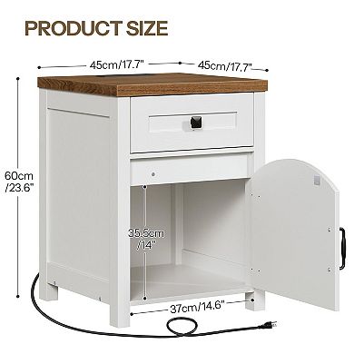 Farmhouse End Table with Built-In Charging Station, Drawer and Single-Door Cabinet