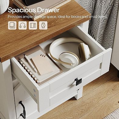 Farmhouse End Table with Built-In Charging Station, Drawer and Single-Door Cabinet
