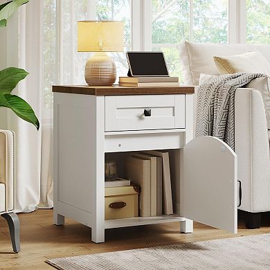 Farmhouse End Table with Built-In Charging Station, Drawer and Single-Door Cabinet