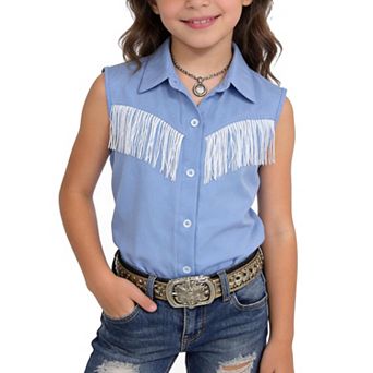 Girls Fringe Shirt Sleeveless Button Down Western Cowgirl Tassel Trim Casual Blouse Shirt Top 4-13Y