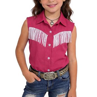 Girls Fringe Shirt Sleeveless Button Down Western Cowgirl Tassel Trim Casual Blouse Shirt Top 4-13Y