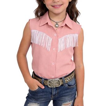 Girls Fringe Shirt Sleeveless Button Down Western Cowgirl Tassel Trim Casual Blouse Shirt Top 4-13Y