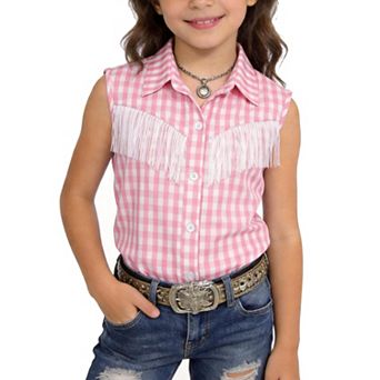 Girls Fringe Shirt Sleeveless Button Down Western Cowgirl Tassel Trim Casual Blouse Shirt Top 4-13Y