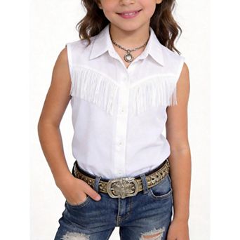 Girls Fringe Shirt Sleeveless Button Down Western Cowgirl Tassel Trim Casual Blouse Shirt Top 4-13Y