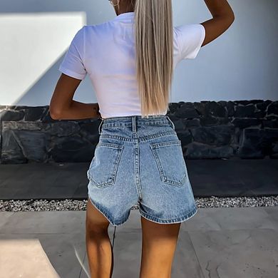 Women High-Waisted Rhinestone Stripe Denim Shorts