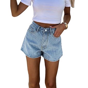 Women High-Waisted Rhinestone Stripe Denim Shorts
