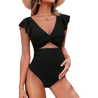 Maternity One Pieces Swimsuits Swiss Dot Ruffle Sleeve Tie Knot v Neck Hollow Monokini Bikini