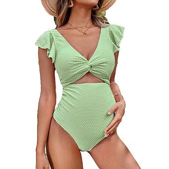 Maternity One Pieces Swimsuits Swiss Dot Ruffle Sleeve Tie Knot v Neck Hollow Monokini Bikini
