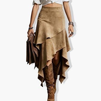 Women's Asymmetrical Hem Western Suede Skirt - Fringe Detail Cowgirl Boho Midi Skirt