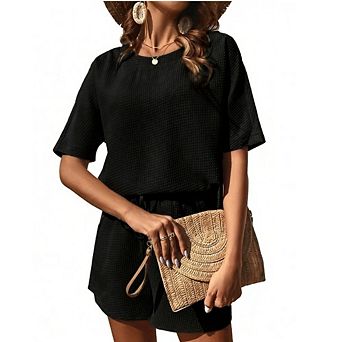 Women 2 pc Pajamas Set Waffle Knit Short Sleeve Lounge Set Loungewear Sweatsuit with Pockets