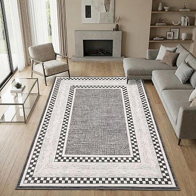 Washable Checkered Area Rug Soft Modern Chic Non-Slip Thin Indoor Rug for Living Room Bedroom