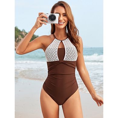 Women's Summer Halter One Piece Swimsuit Mesh Patch Swimwear Bathing Beach Vacation Suits