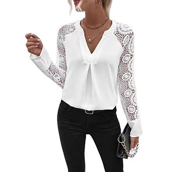 Women’s Casual Lace Spliced Long Sleeve Deep V Nevk Elegant Blouse