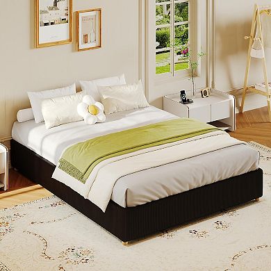 Corduroy Cloud Platform Bed: No-Squeak Frame, Solid Wood Legs & No Box Spring Needed. Easy Assembly