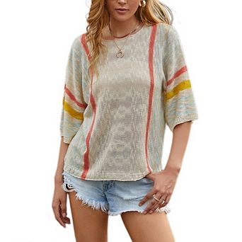 Women's Half Sleeve Stripe Knit Sweater Round Neck Curved Hem Casual Loose Fit Top