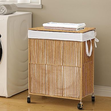 Laundry Hamper Wheels Handwoven Rolling Basket Lid Divided Removable Liner Large Capacity Sorter