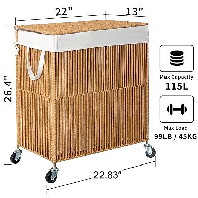 Laundry Hamper Wheels Handwoven Rolling Basket Lid Divided Removable Liner Large Capacity Sorter