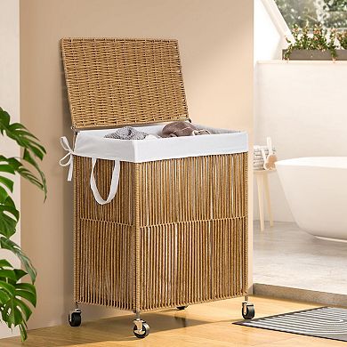 Laundry Hamper Wheels Handwoven Rolling Basket Lid Divided Removable Liner Large Capacity Sorter