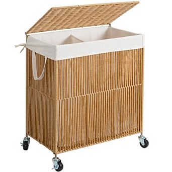 Laundry Hamper Wheels Handwoven Rolling Basket Lid Divided Removable Liner Large Capacity Sorter