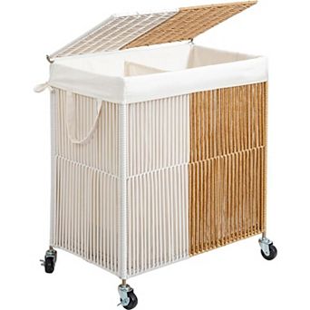 Laundry Hamper Wheels Handwoven Rolling Basket Lid Divided Removable Liner Large Capacity Sorter