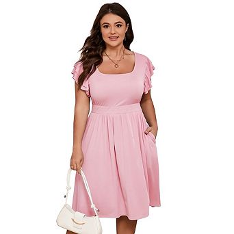 Women's Plus Size Midi Dress Casual Short Ruffle Sleeves High Waist A Line Dress with Pockets