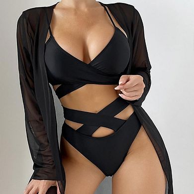 Women's Criss Cross Hollow Out Bikini Sets with Cover Up Deep V High Wasit Bathing Suit