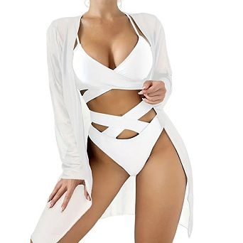 Women's Criss Cross Hollow Out Bikini Sets with Cover Up Deep V High Wasit Bathing Suit