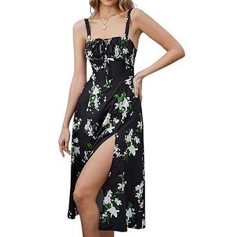 Women Floral Corset Midi Dress Flowy Slit Wedding Guest Sundress Casual Dresses