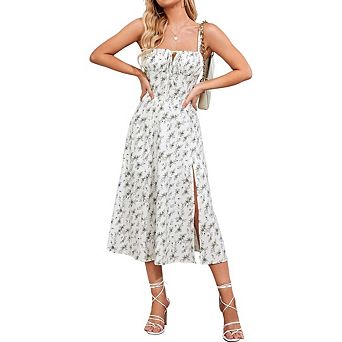 Women Floral Corset Midi Dress Flowy Slit Wedding Guest Sundress Casual Dresses