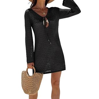 Womens Crochet Swimsuit Cover Up Long Bell Sleeve V Neck Tie Mesh Knit Vacation Outfits