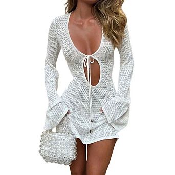 Womens Crochet Swimsuit Cover Up Long Bell Sleeve V Neck Tie Mesh Knit Vacation Outfits