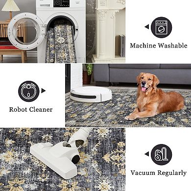Vintage Distressed Medallion Area Rug Washable Soft Non Slip Kitchen Runners for Hallway Living Room