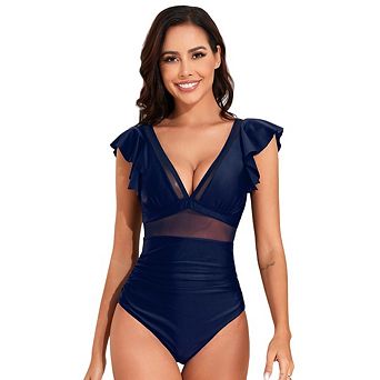 Women's V Neck Ruffle One Piece Swimsuit Mesh Bathing Suit Slimming Swimwear