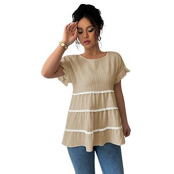 Women's Short Sleeve Peplum Babydoll Blouse Tiered Tassels Trim Ruffle Sleeve Loose Fit Casual Tee