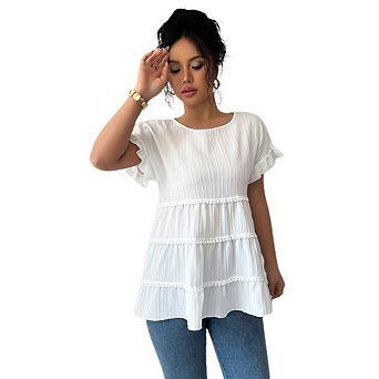 Women's Short Sleeve Peplum Babydoll Blouse Tiered Tassels Trim Ruffle Sleeve Loose Fit Casual Tee