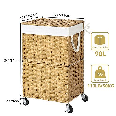 Slim Laundry Hamper Wheels Rolling Basket Lid Removable Liner Rattan Organizer Bedroom Bathroom