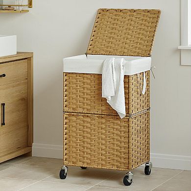 Slim Laundry Hamper Wheels Rolling Basket Lid Removable Liner Rattan Organizer Bedroom Bathroom