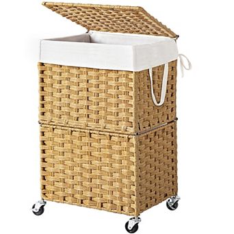 Slim Laundry Hamper Wheels Rolling Basket Lid Removable Liner Rattan Organizer Bedroom Bathroom