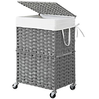 Slim Laundry Hamper Wheels Rolling Basket Lid Removable Liner Rattan Organizer Bedroom Bathroom