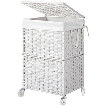 Slim Laundry Hamper Wheels Rolling Basket Lid Removable Liner Rattan Organizer Bedroom Bathroom