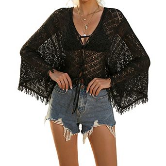 Women's Beach Cover Up Long Sleeve Swimsuit Coverup V Neck Tie Front Beachwear