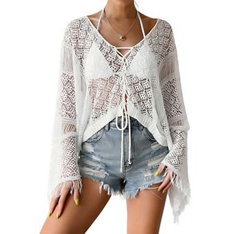 Women's Beach Cover Up Long Sleeve Swimsuit Coverup V Neck Tie Front Beachwear