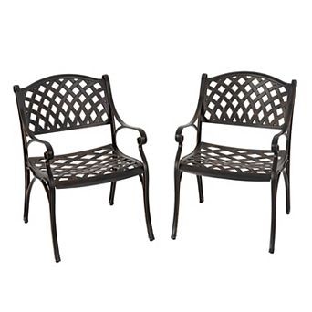 Outdoor 2 pc Patio Cast Aluminum Dining Chairs with Armrests, Black with Gold-Painted Edges