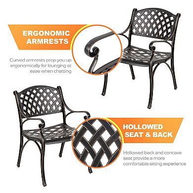 Outdoor 2-Piece Patio Cast Aluminum Dining Chairs with Armrests, Black with Gold-Painted Edges