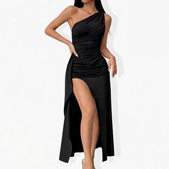 Women's One Shoulder Satin Maxi Dress - Elegant Ruched Asymmetric Evening Gown for Party