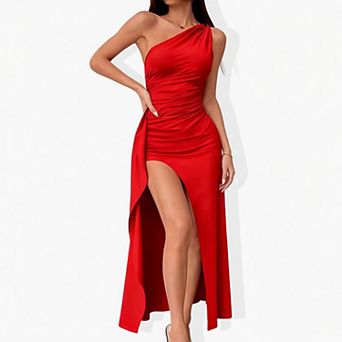 Women's One Shoulder Satin Maxi Dress - Elegant Ruched Asymmetric Evening Gown for Party