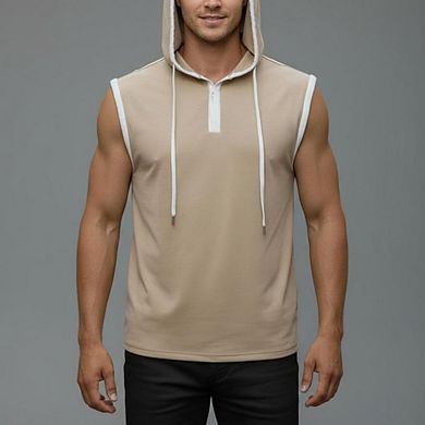 Men Sleeveless Hooded Henley Tank Top