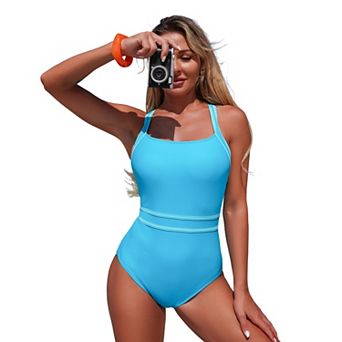 Women's Summer Athletic One Piece Swimsuits Full Coverage Bathing Swim Suit Color Block Swimwear