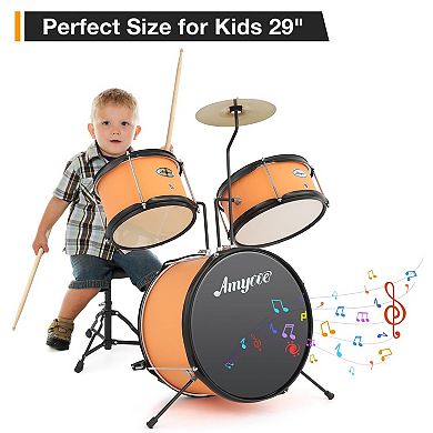 3-Piece Kids Drum Kit Tom, Snare, Bass Drum, Cymbal, Pedal & Sticks