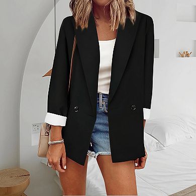 Women's Long Sleeve Solid Blazer - Classic Single-Breasted Office Jacket